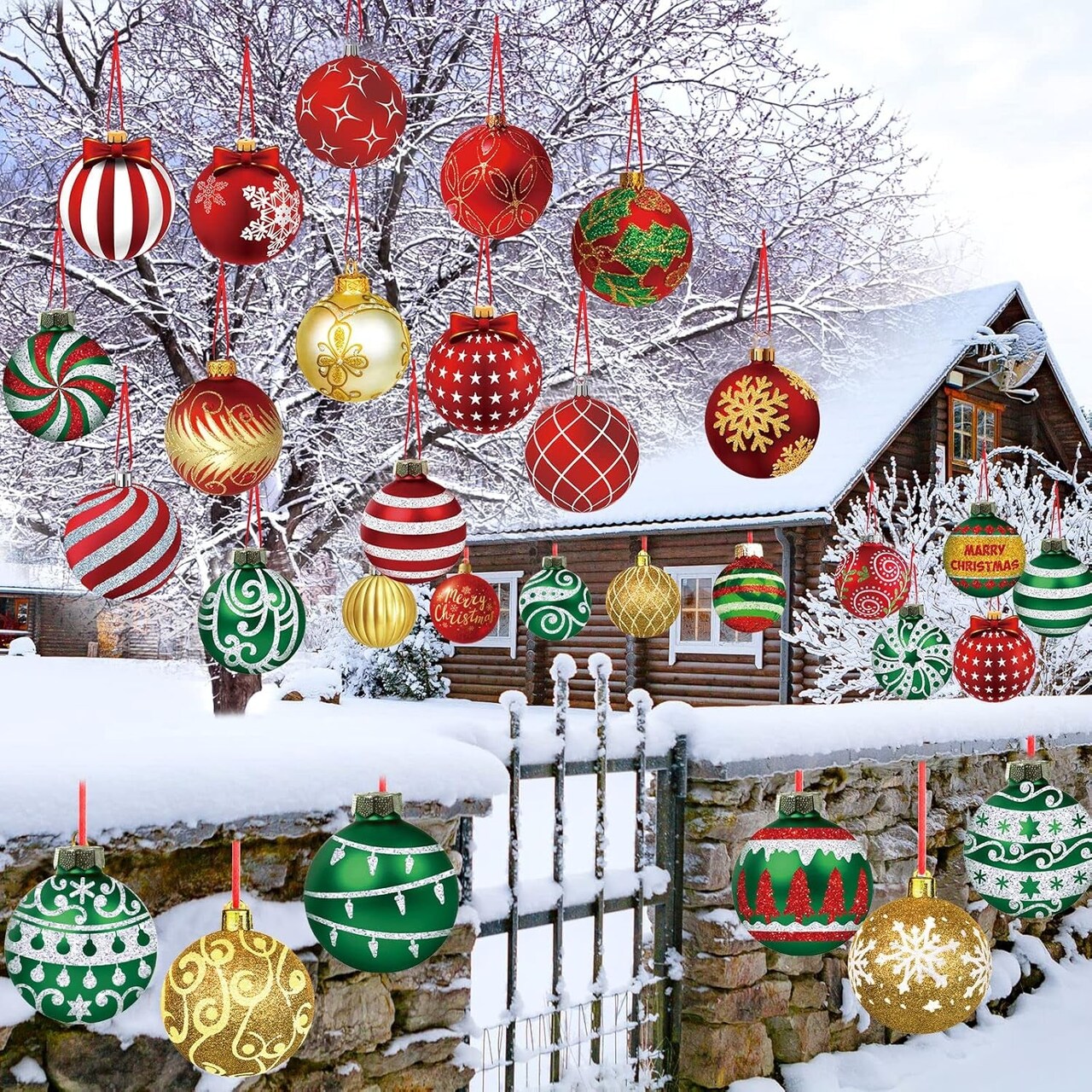 30 Pieces Outdoor Double Sided Lawn Decorations Christmas Hanging Ornaments Plastic Outdoor Holiday Decorations for Xmas Home Office Tree Porch Yard Decor(Classic Style)